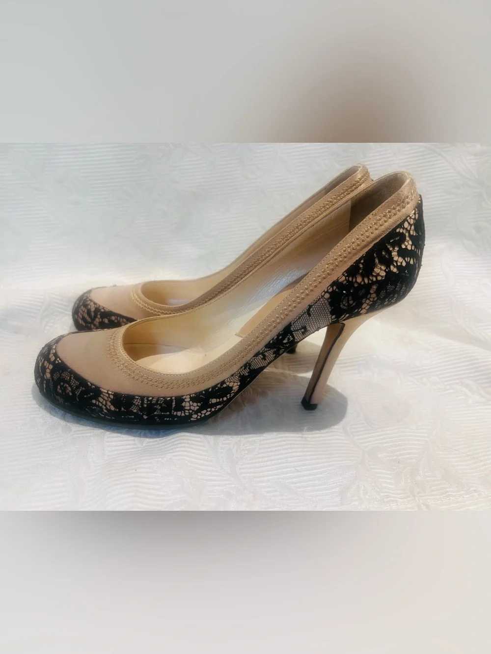 Christian Dior Women High Heel Shoes 7.5 Size 38 Tan Black Filigree Lace 3